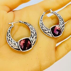 Vintage Ornate Hoop Earrings Textured Ornate Purple Pink Stone Silver Tone 1370